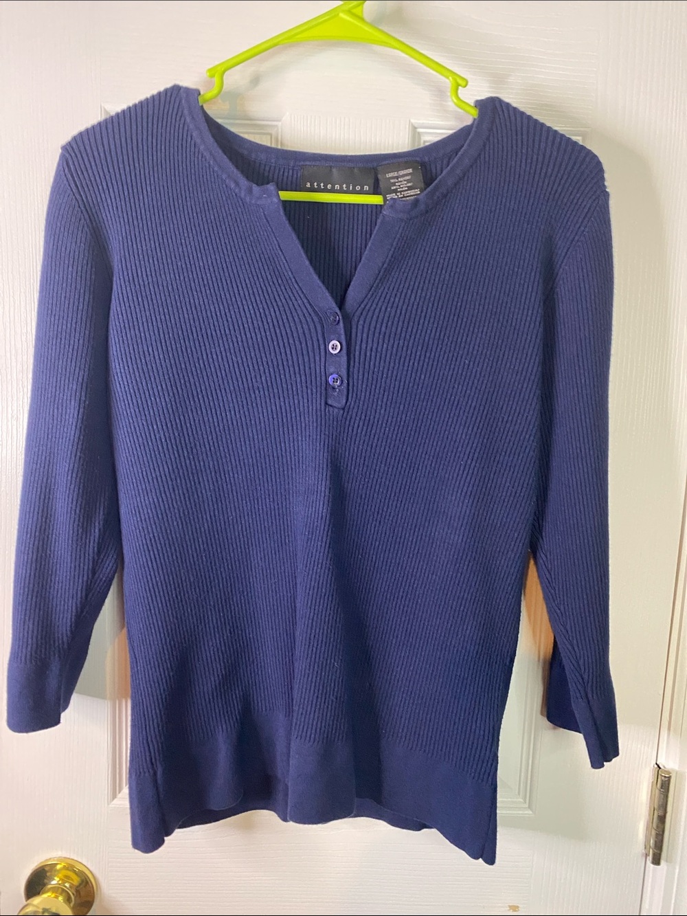 attention Navy Ribbed V-Neck Henley Sweater Size Large.